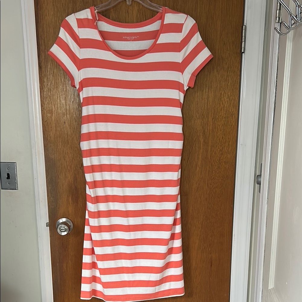 Maternity Coral and White Striped Midi Dress